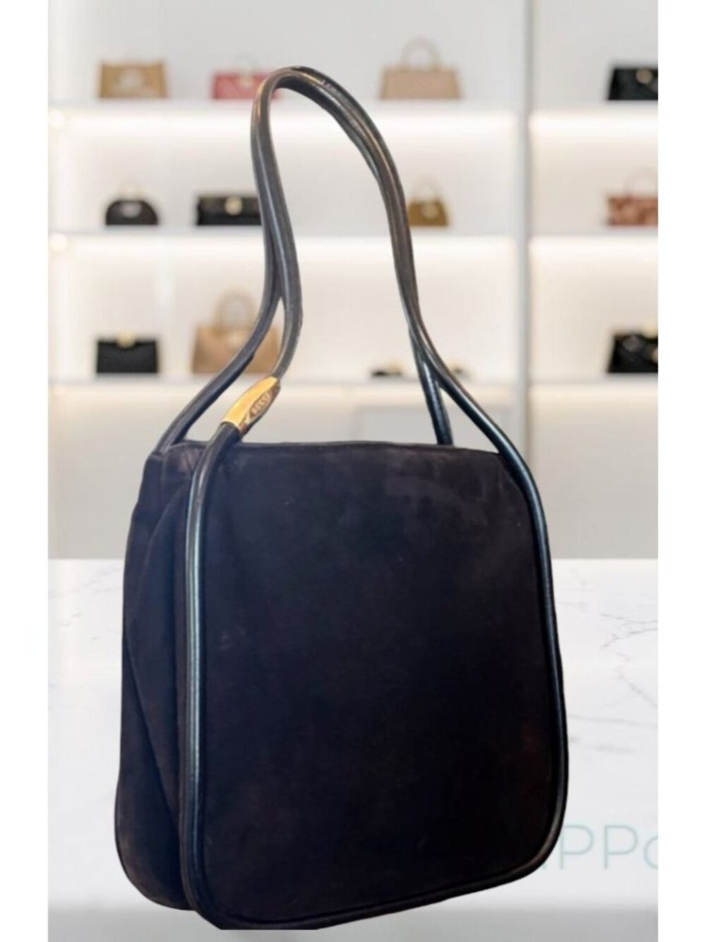 Gucci Black & Brown Suede Shoulder Bag With Leather Trim & Double Handles